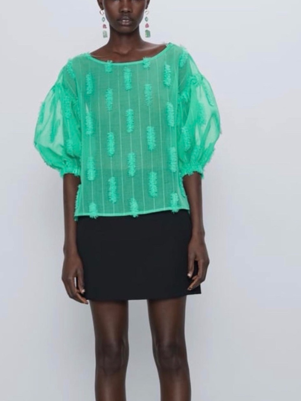 Zara Mint Green Sheer Puff-Sleeve Blouse